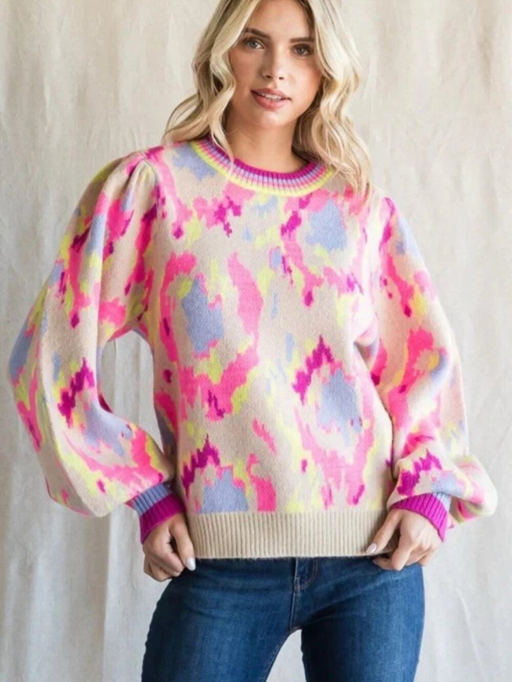 Jodifl Balloon Sleeve Small Felicia Sweater Bright Pink Yellow Blue Warm Soft